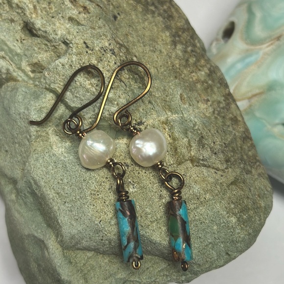NEW Genuine freshwater pearls with imperial jasper earrings non tarnish copper - Picture 4 of 5